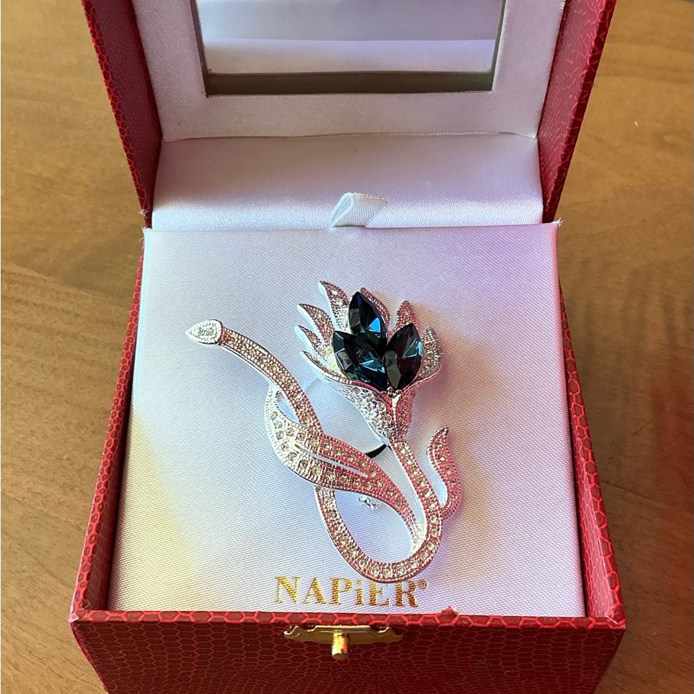 Vintage New in Box Napier Royal Blue and Silver Tulip Brooch